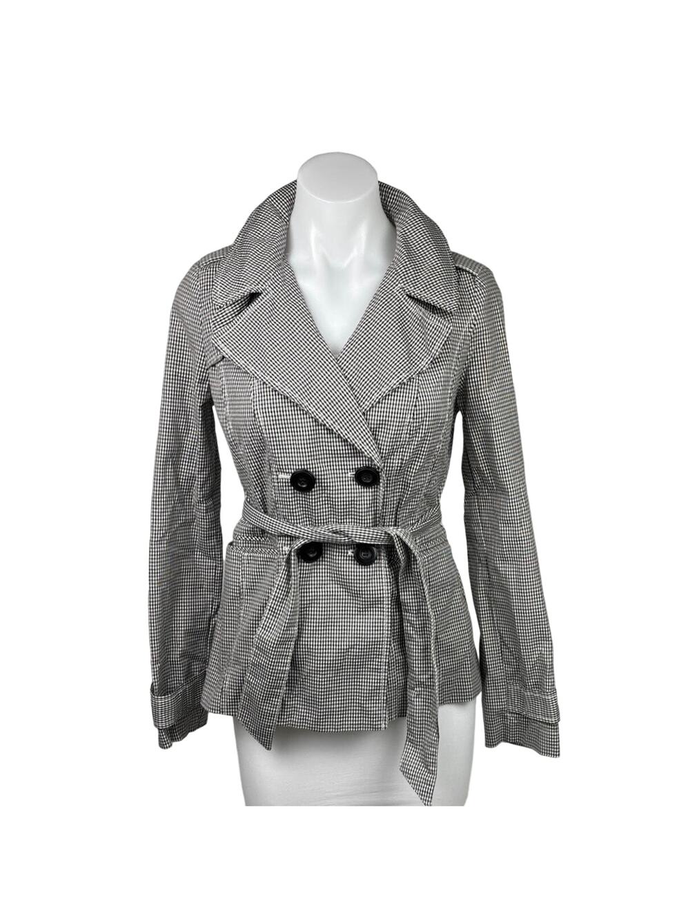 Halogen Black White Gingham Check Double Breasted Tie Belt Trench Jacket Sz XS